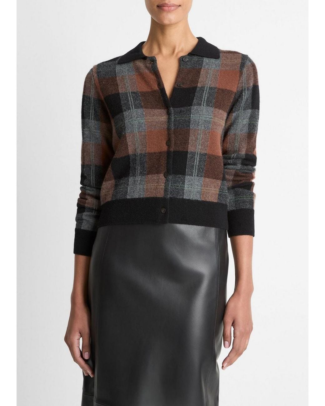 Vince Black Checked Plaid Cashmere Polo Cardigan
