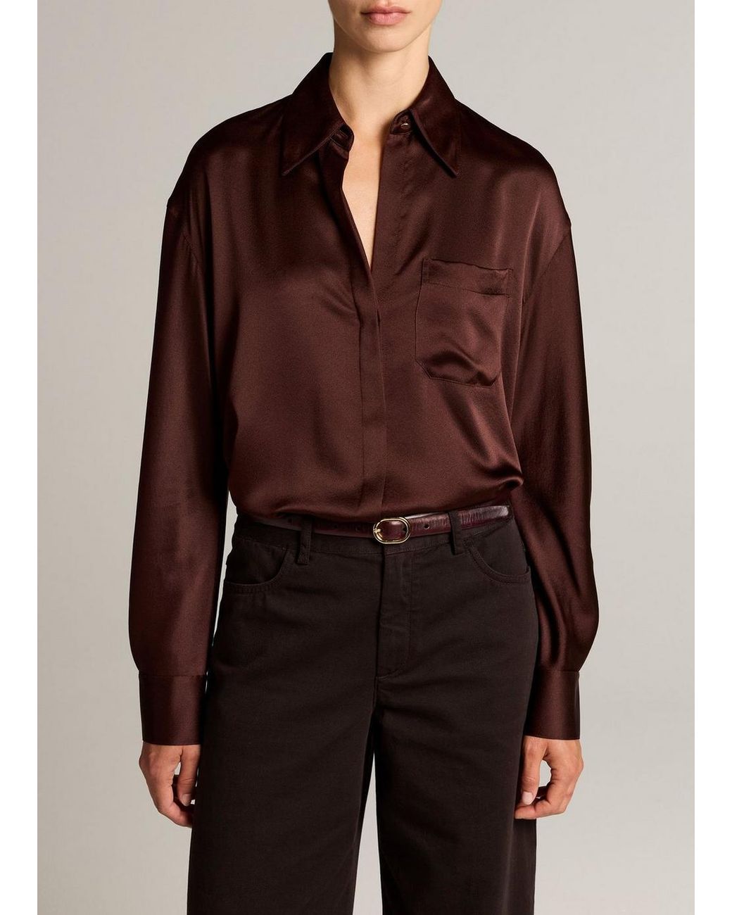 Vince Brown Silk Satin Dolman-Sleeve Button-Front Shirt