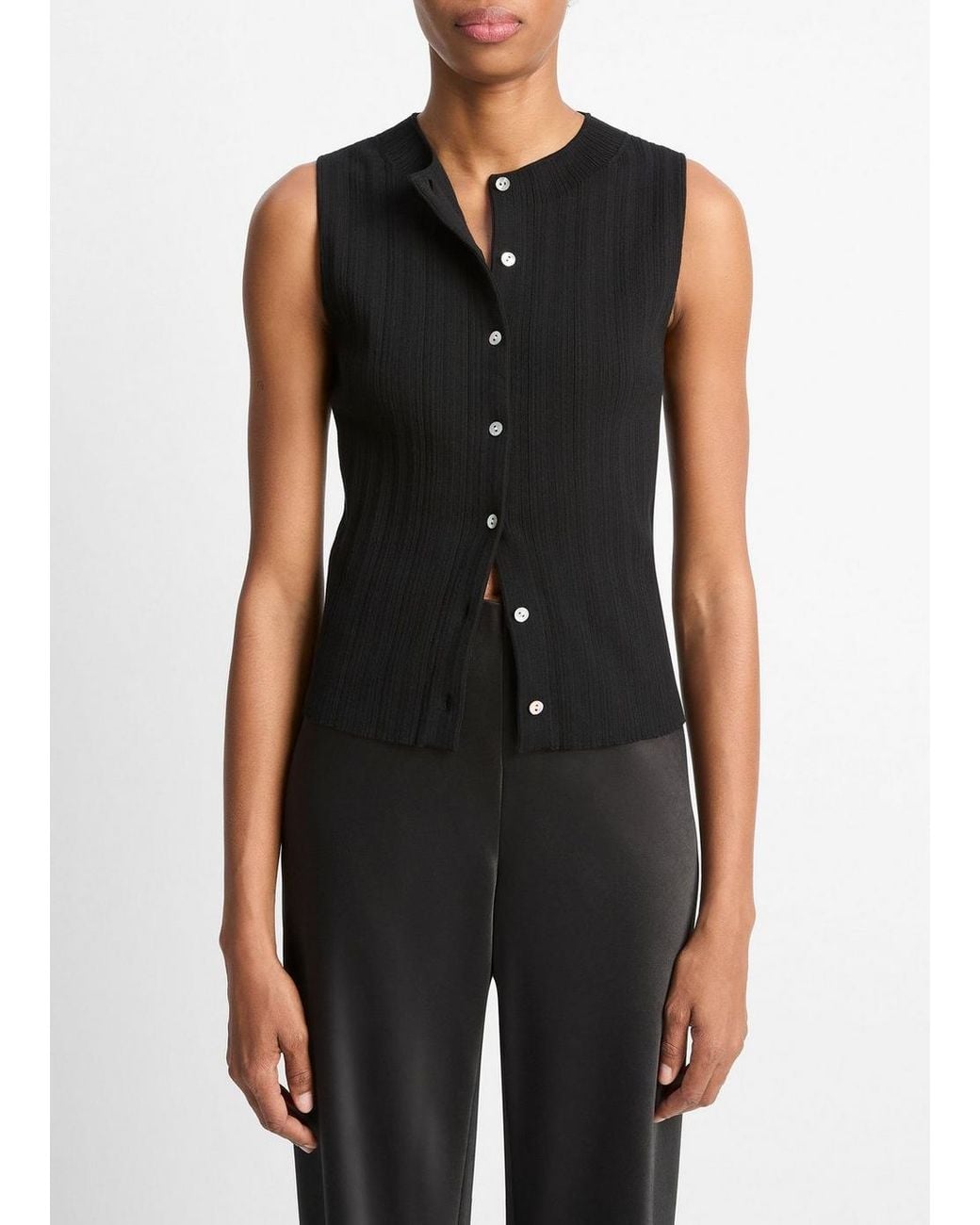 Vince Black Ribbed Italian Cotton-Blend Button-Front Sweater Shell