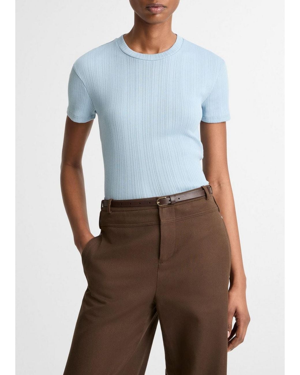 Vince Blue Ribbed Pima Cotton Crew Neck Top