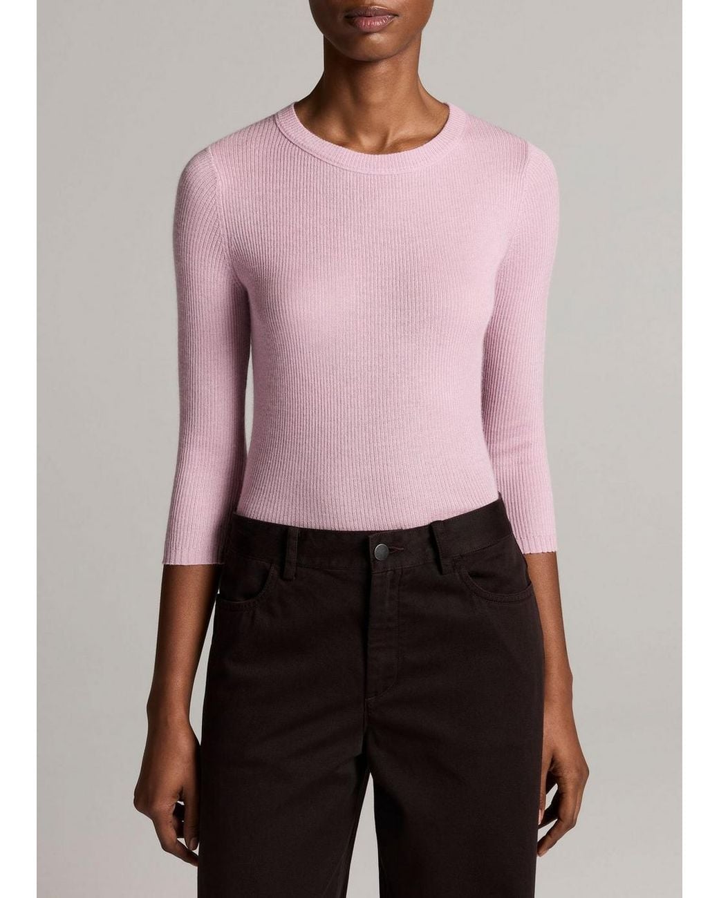 Vince Pink Ribbed Cashmere-Silk Three-Quarter-Sleeve Sweater