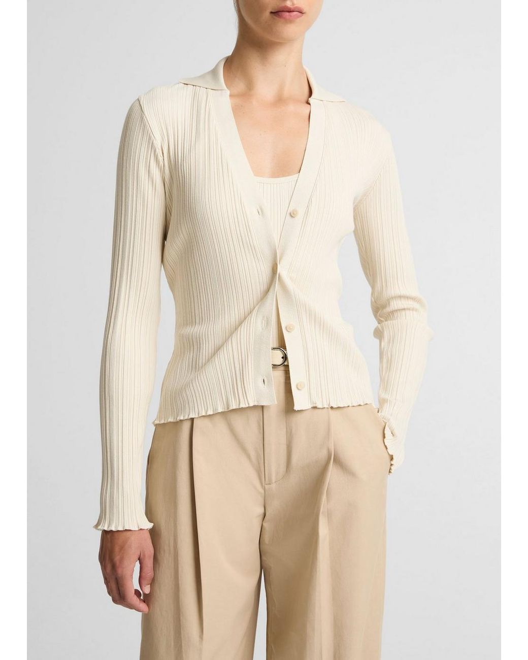 Vince Natural Variegated-Rib Cotton-Blend Polo Top