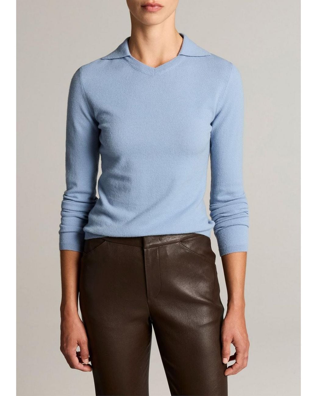 Vince Blue Merino Wool & Cashmere-Blend High V-Neck Polo Sweater