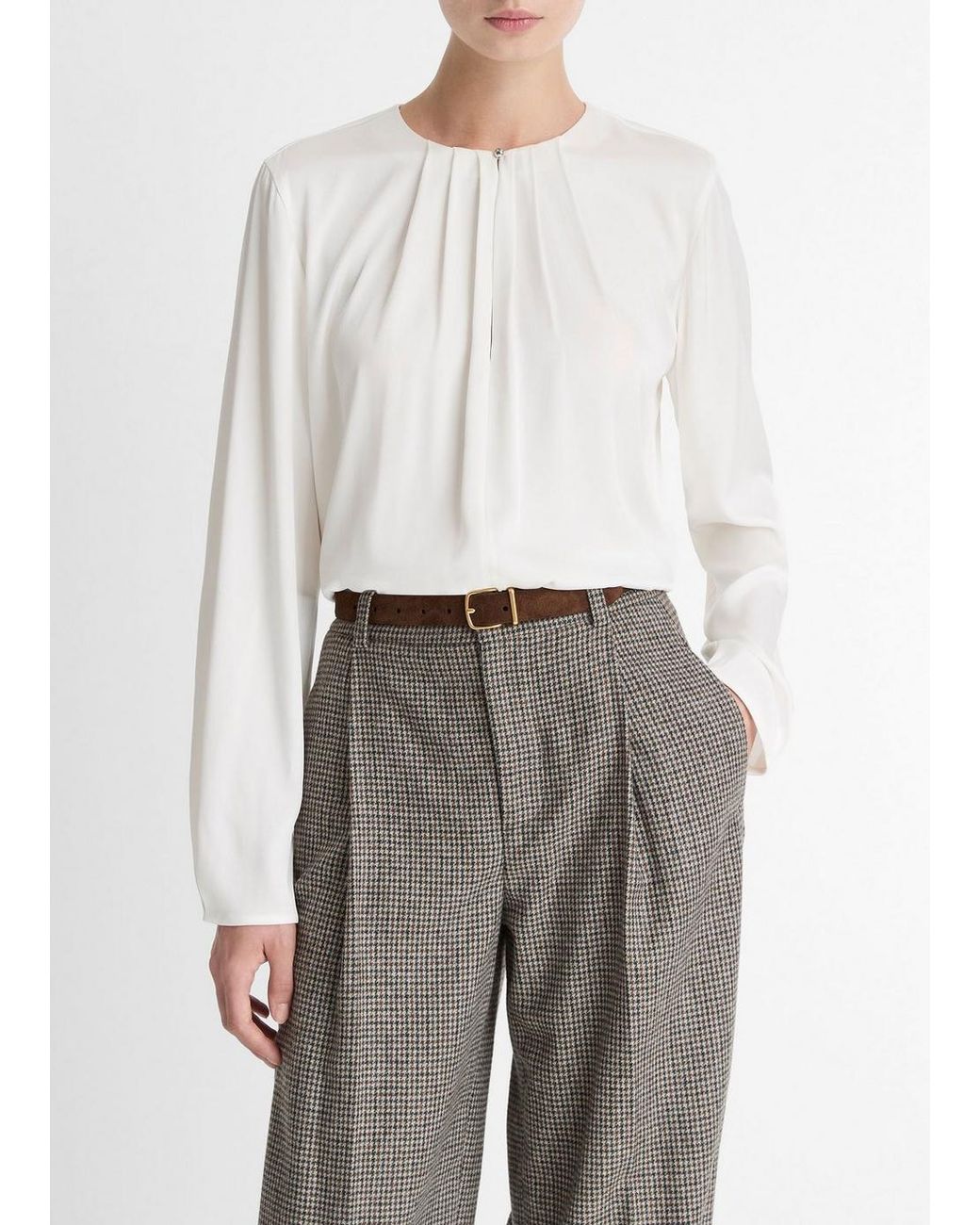 Vince White Silk-Blend Pleated-Neck Blouse