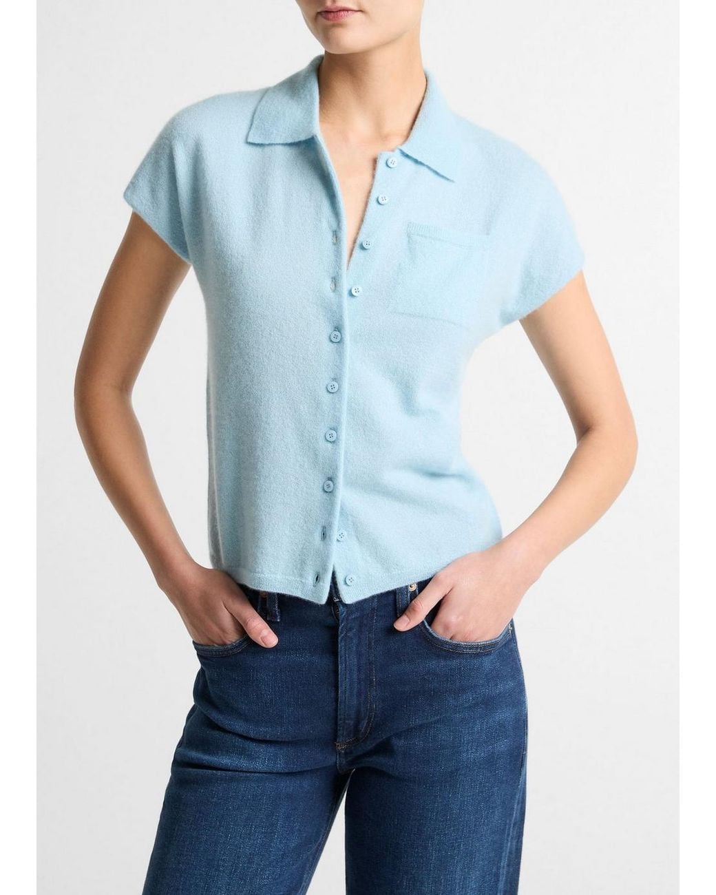 Vince Blue Cashmere-Silk Short-Sleeve Polo Sweater