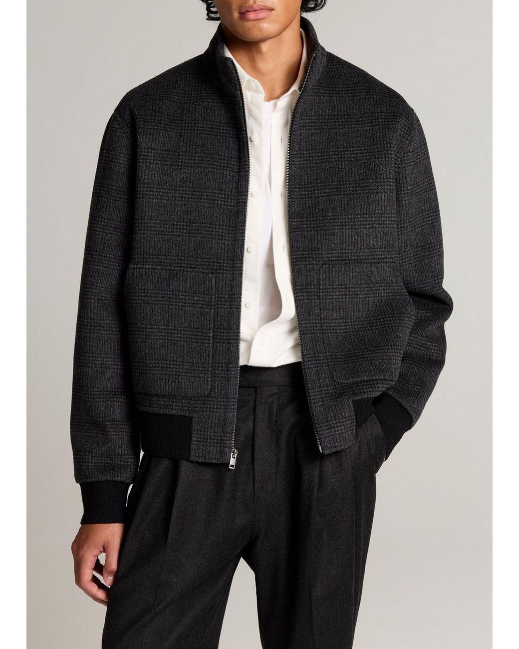 Vince Black Plaid Splittable Wool-Blend Funnel-Neck Bomber Jacket for men