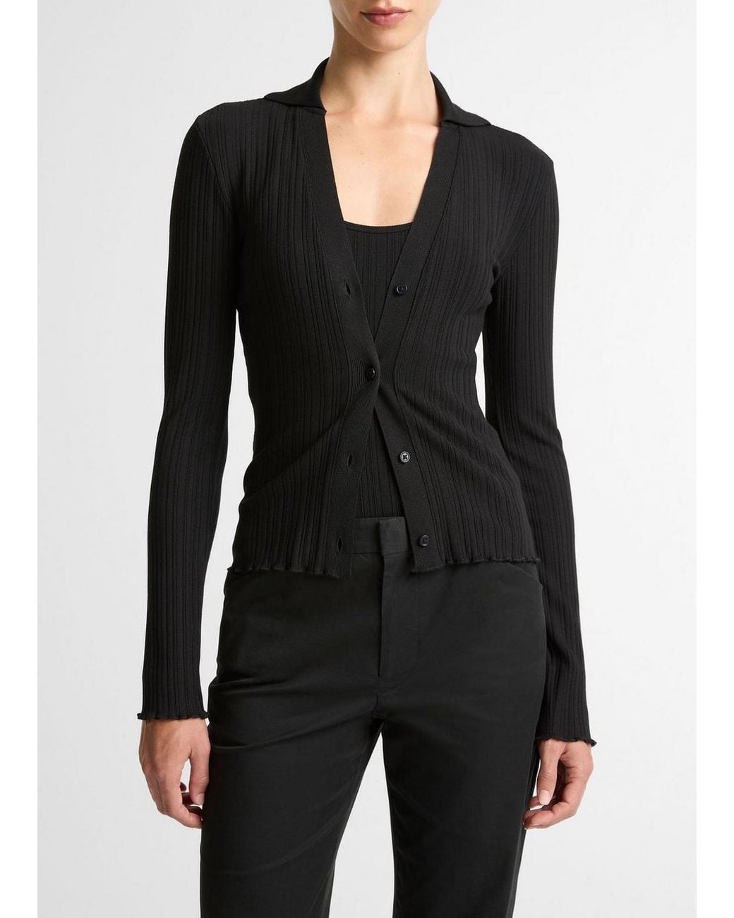 Vince Black Variegated-Rib Cotton-Blend Polo Top