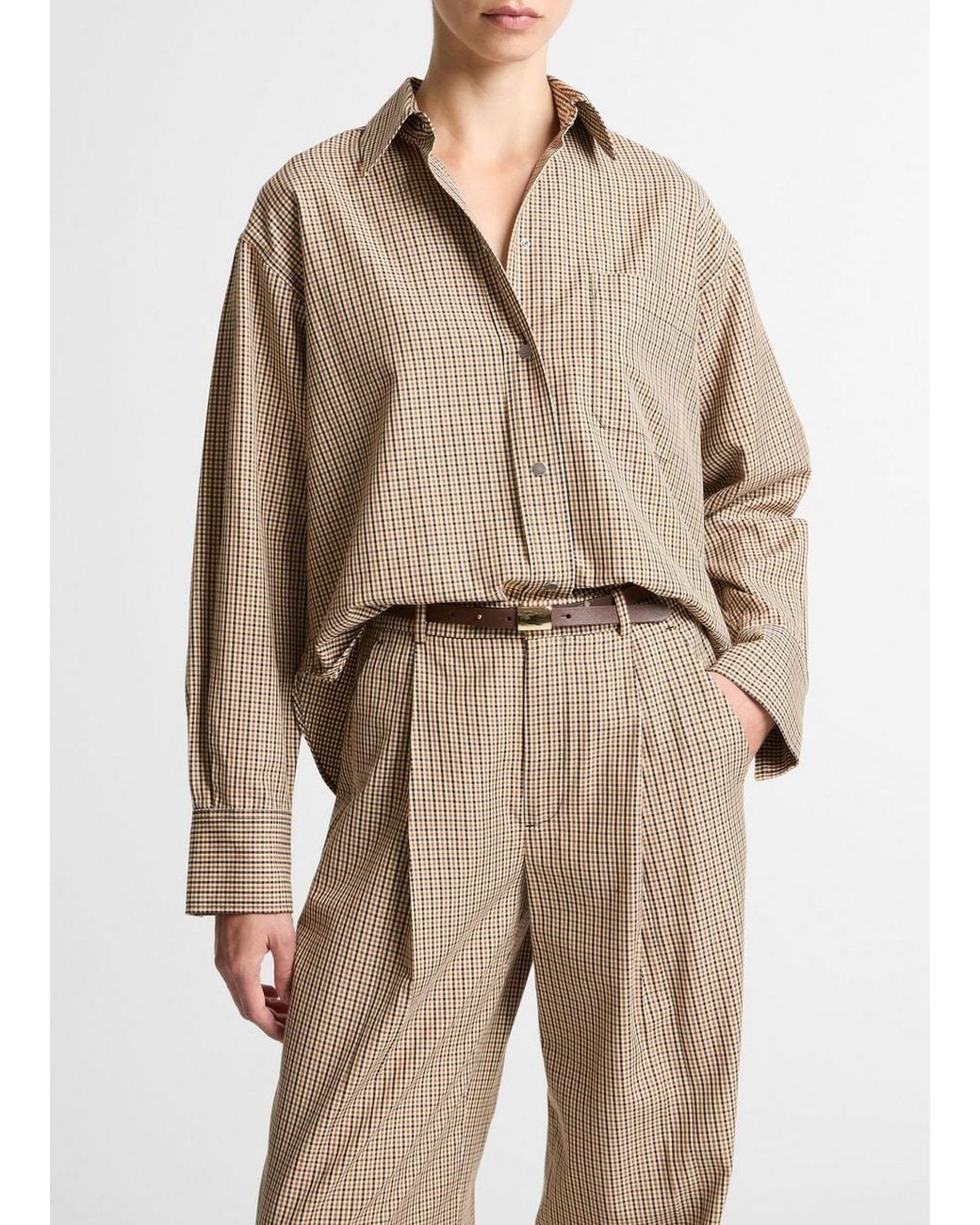 Vince Natural Checked Italian Cotton-Blend Cropped Button-Front Shirt