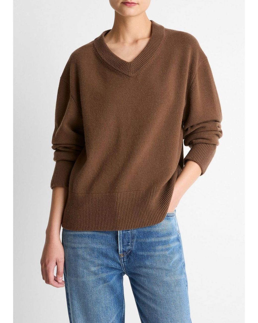 Vince Brown Wool-Cashmere V-Neck Sweater