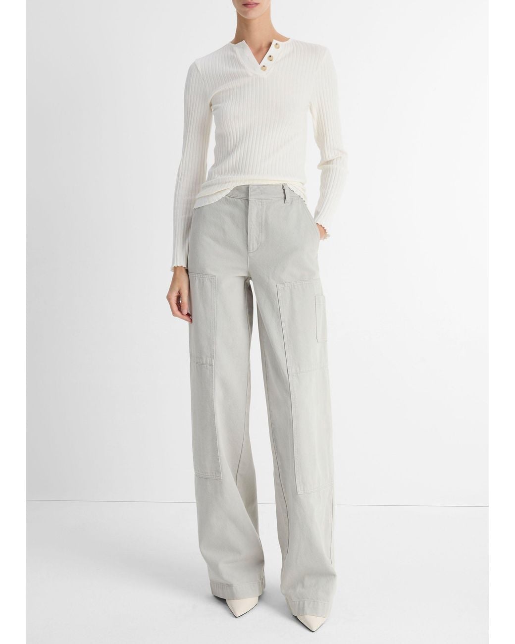 Vince Natural Ribbed Long-sleeve Henley, White, Size L