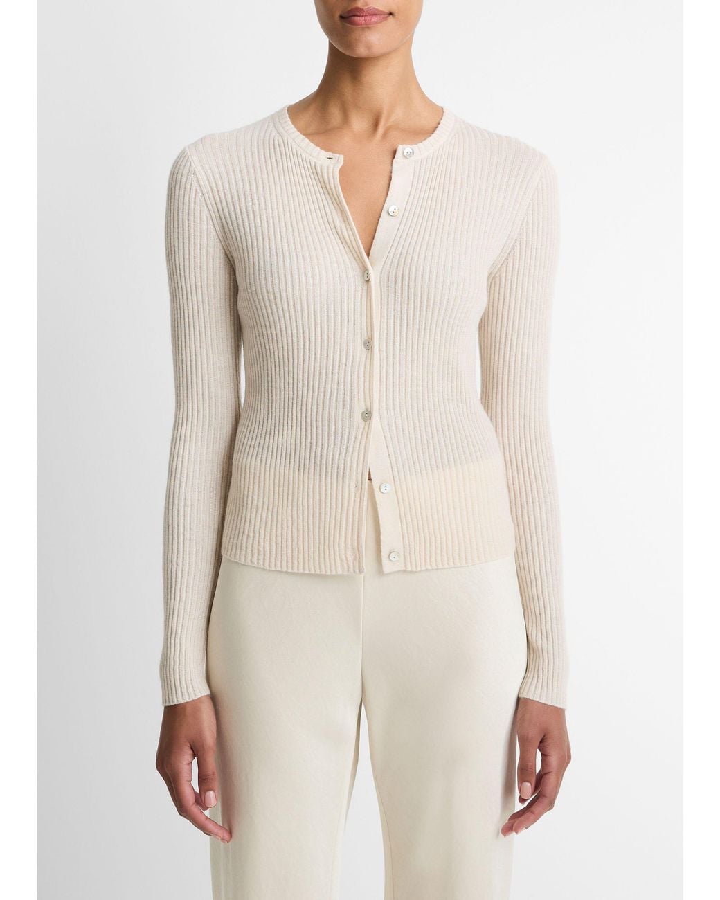 Vince White Ribbed Cashmere-Silk Cardigan