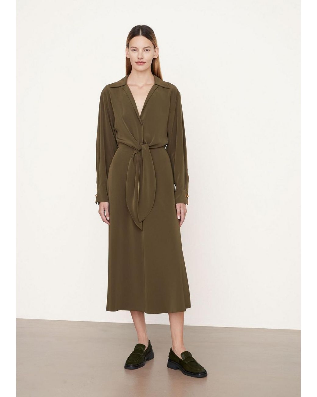 Vince Long Sleeve Shaped Collar Tie-front Dress in Natural | Lyst