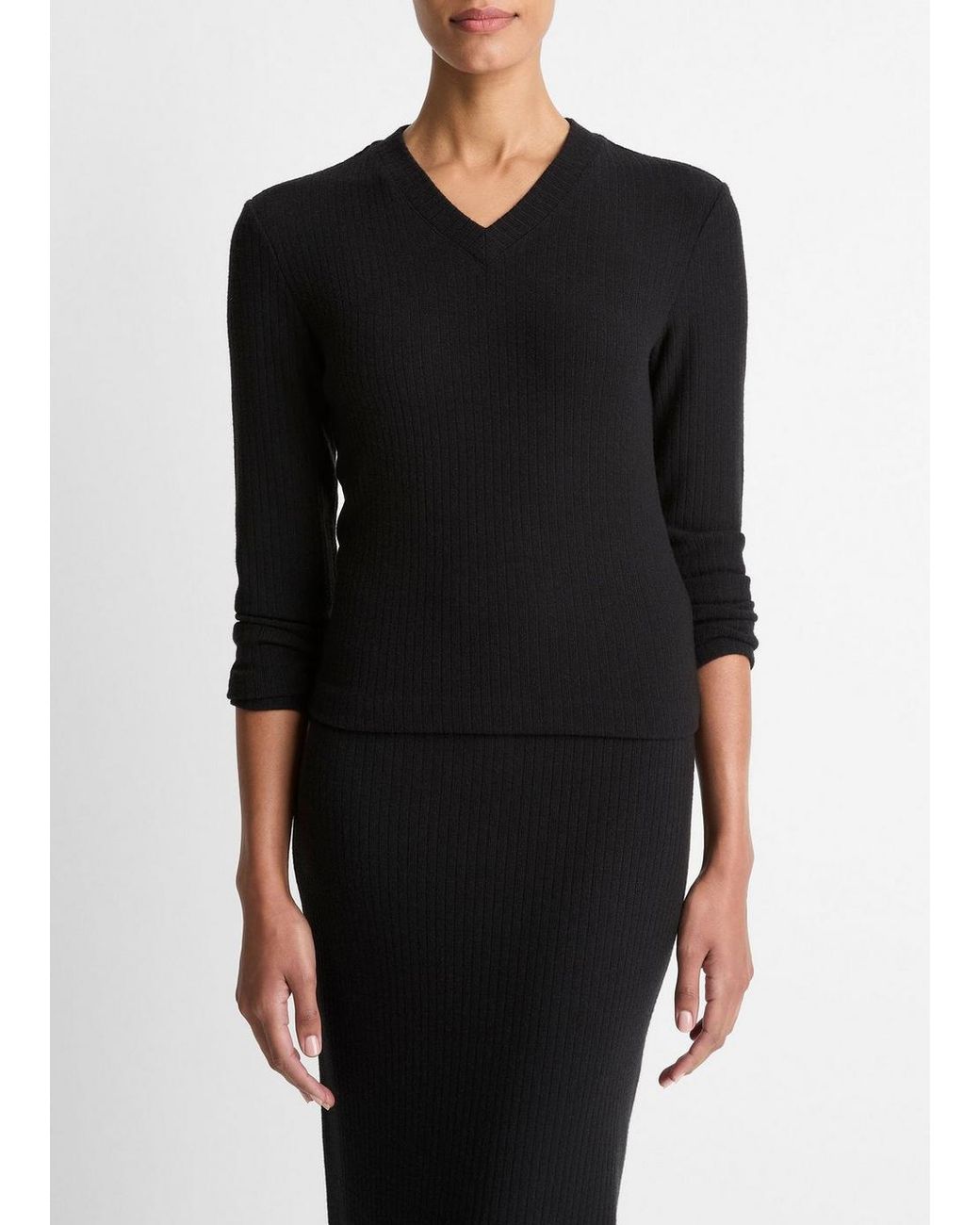 Vince Black Cozy Rib High V-Neck Top
