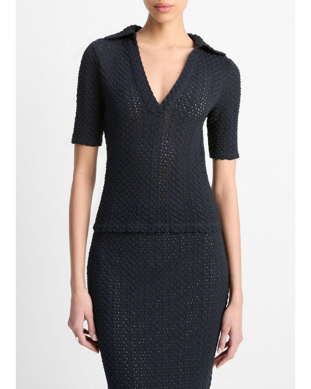 Vince Black Textural Cotton Elbow-Sleeve Polo Top