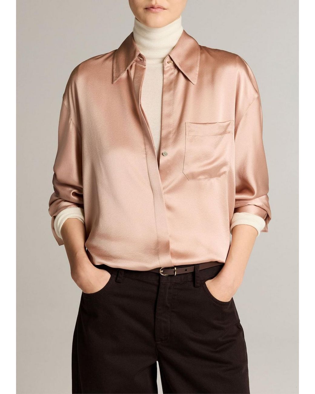 Vince Pink Silk Satin Dolman-Sleeve Button-Front Shirt