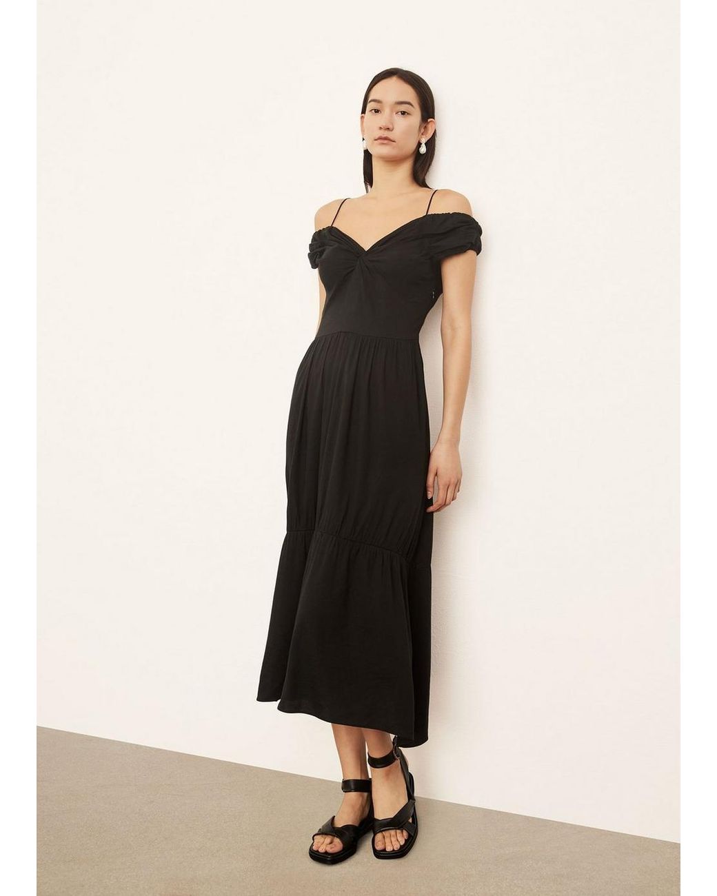 Vince Linen Off-shoulder Twist Dress in Black Womens Clothing Dresses Casual and day dresses Save 1% 