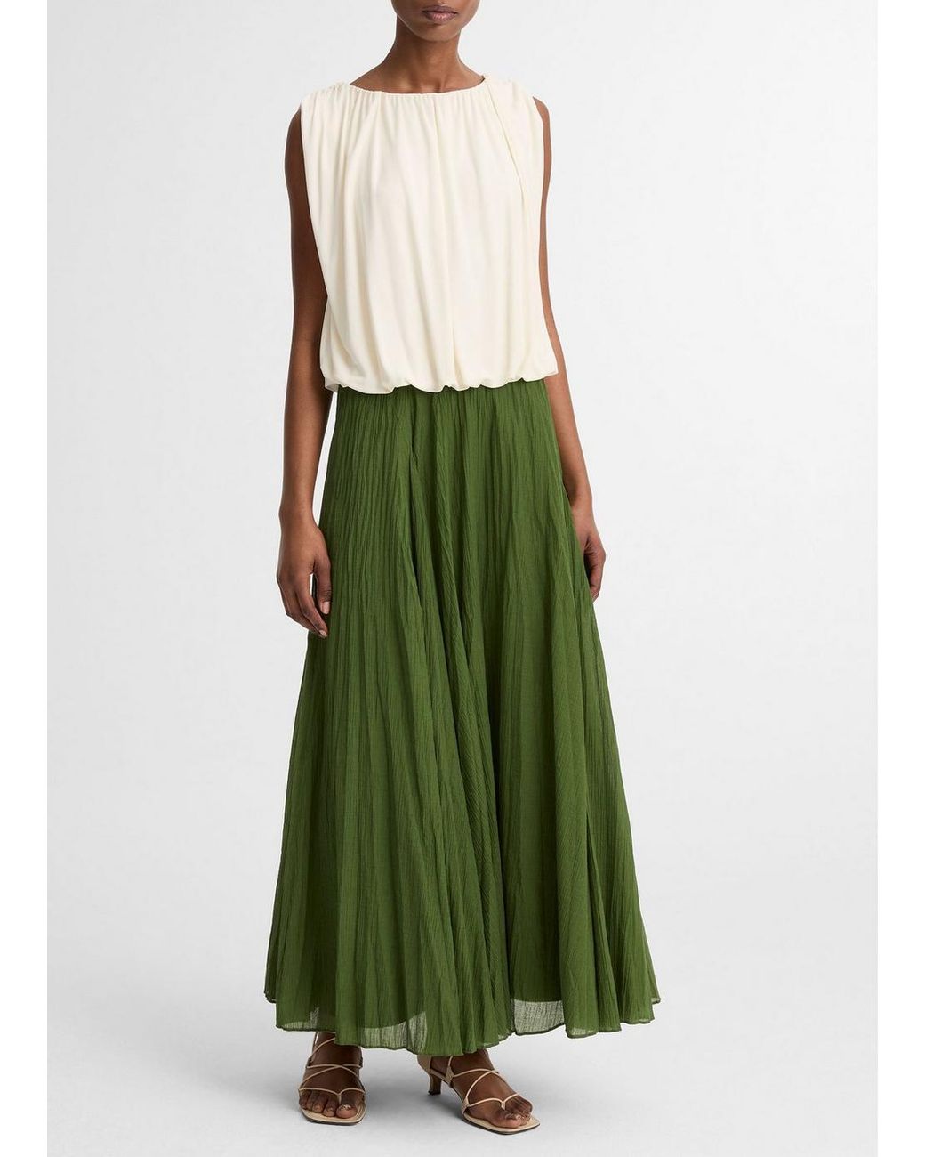 Vince Green Crinkled Plissé Cotton-Blend Maxi Skirt