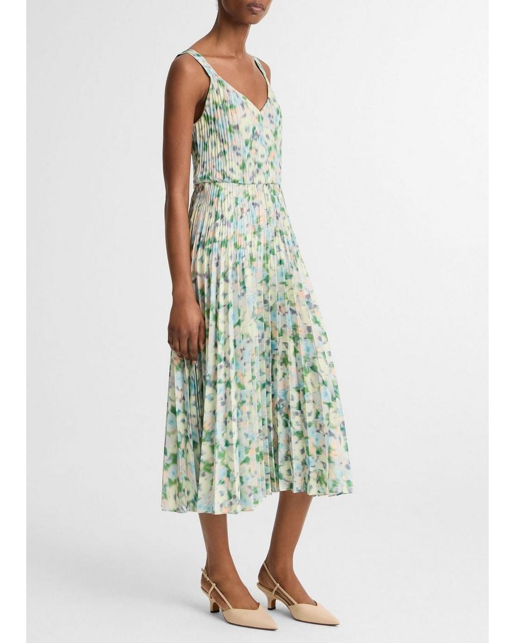 Vince Green Painted Garden Pleated Slip Dress