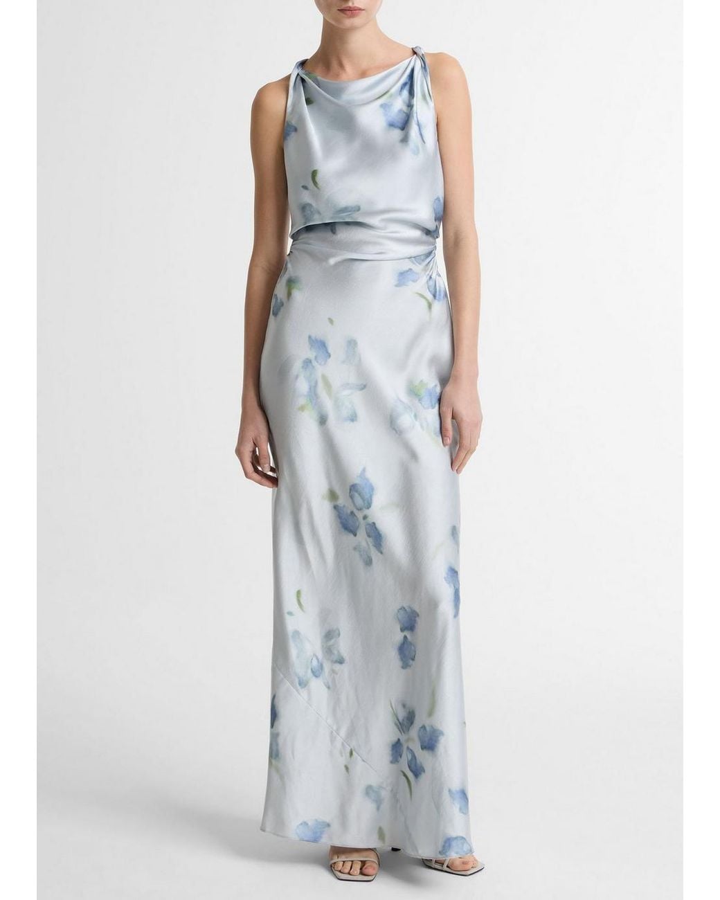 Vince Blue Petal Blur Satin Twist-Shoulder Dress