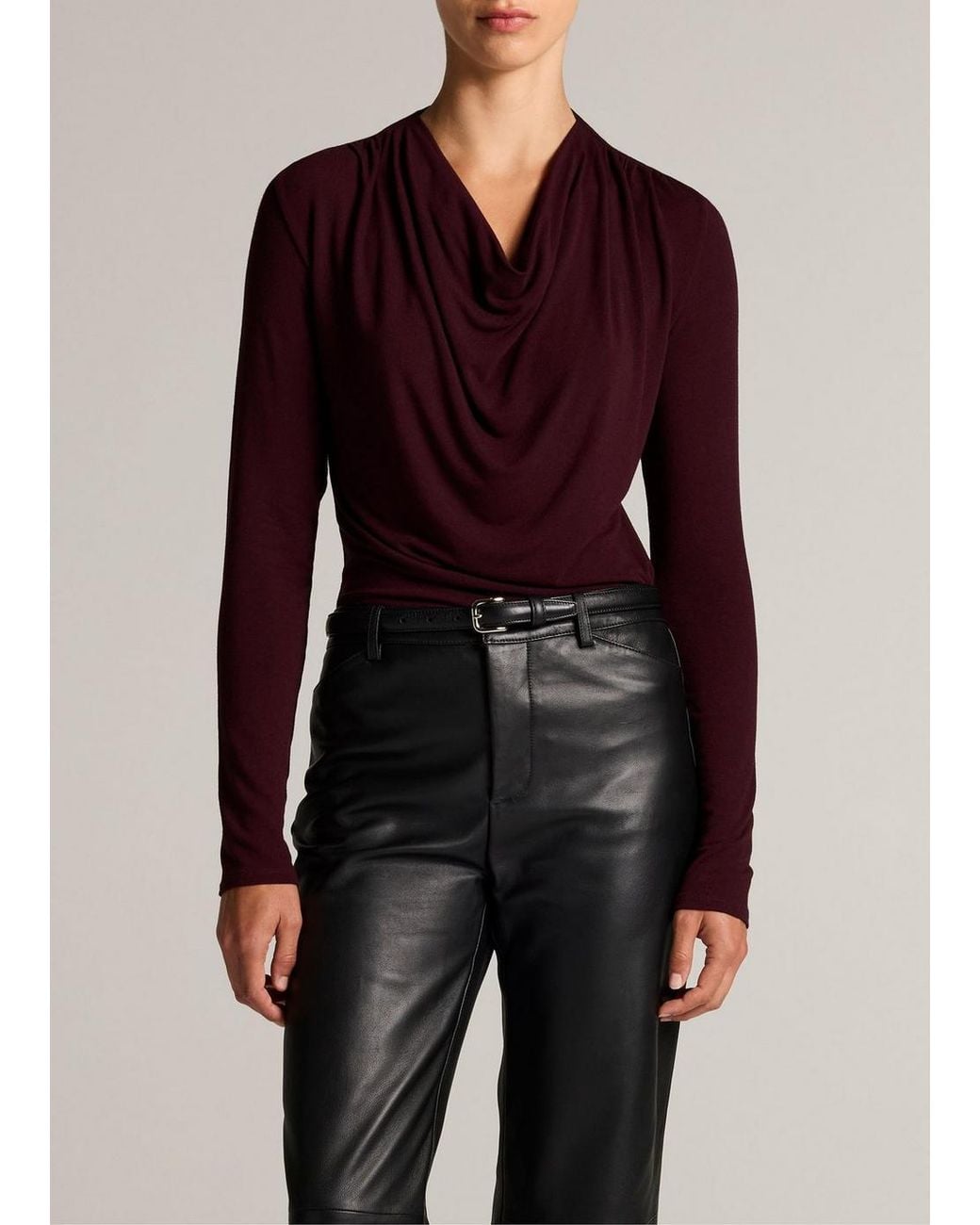Vince Red Jersey Draped Cowl-Neck Long-Sleeve Top