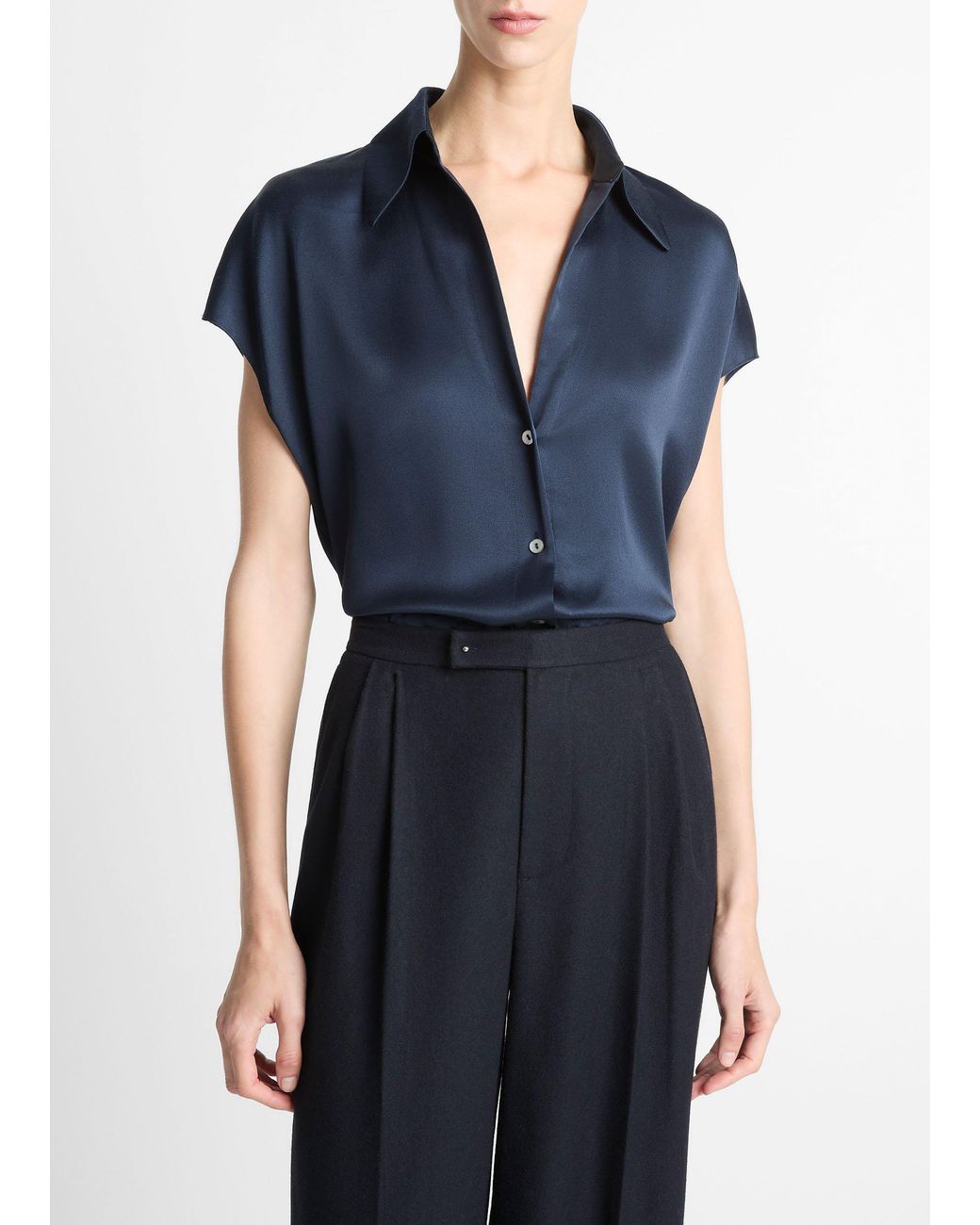 Vince Silk Cap-sleeve Ruched-back Blouse, Blue, Size M