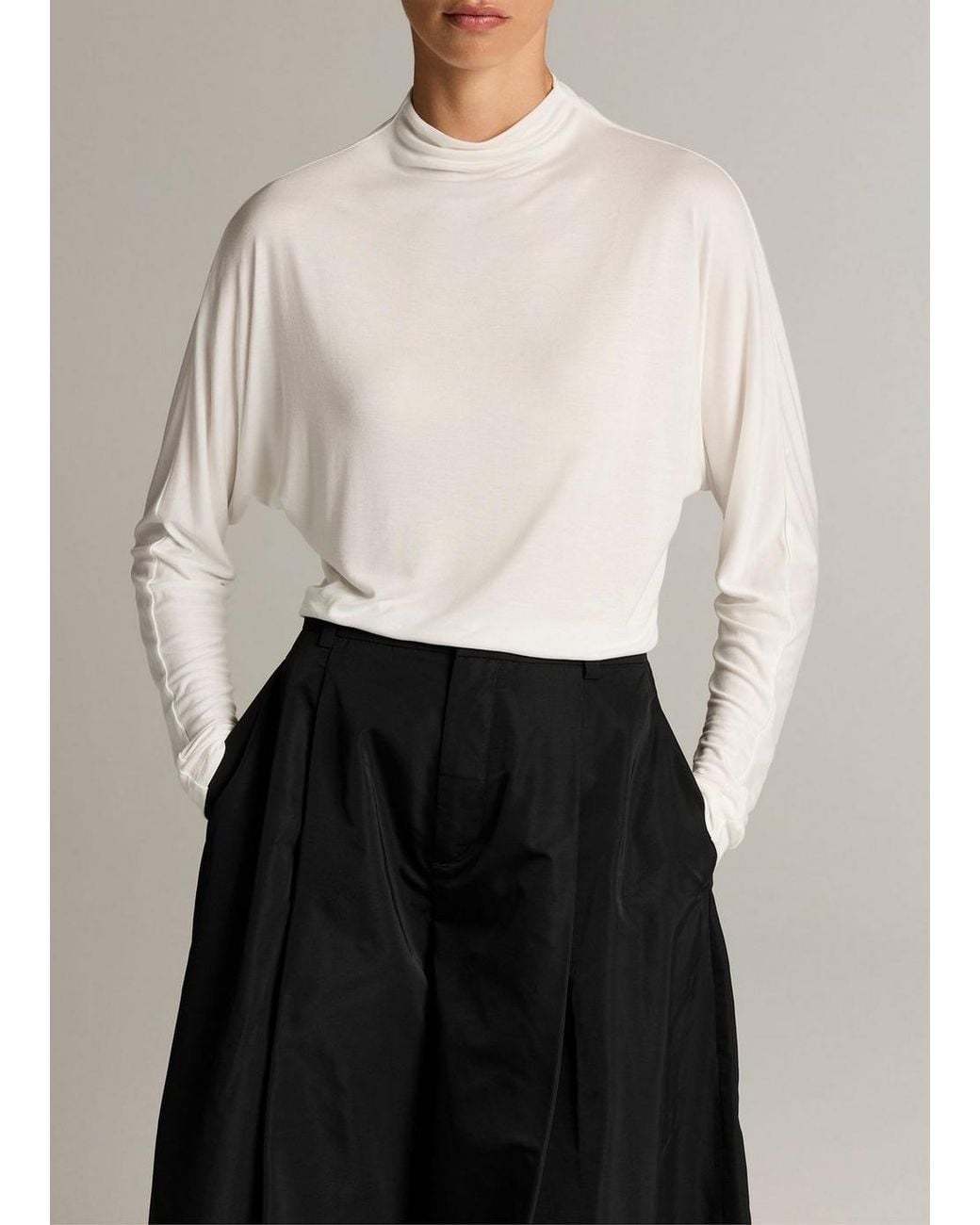 Vince White Draped Funnel-Neck Dolman-Sleeve Top