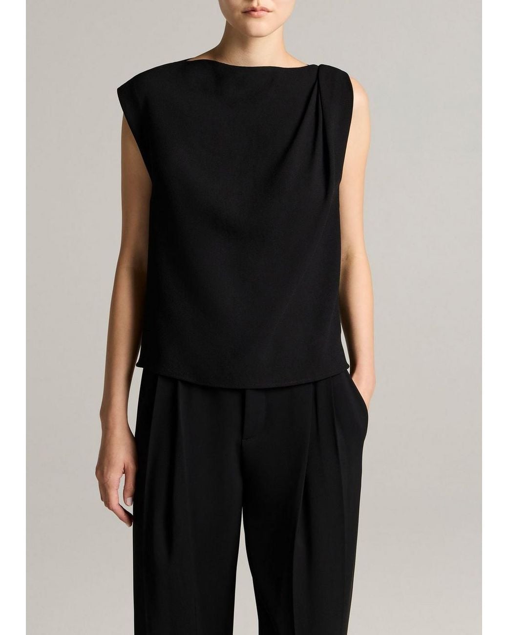 Vince Black Crepe Draped-Shoulder Sleeveless Top
