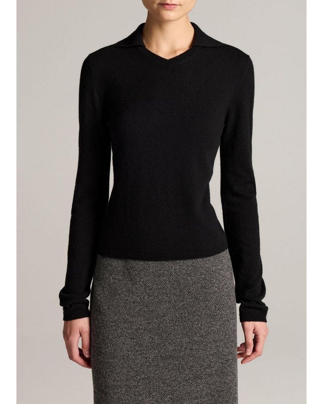 Vince Black Merino Wool & Cashmere-Blend High V-Neck Polo Sweater