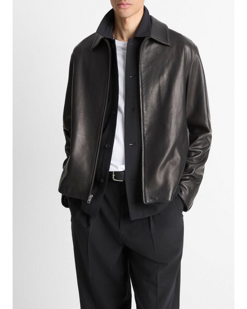 Vince Black Leather Zip-Up Jacket for men
