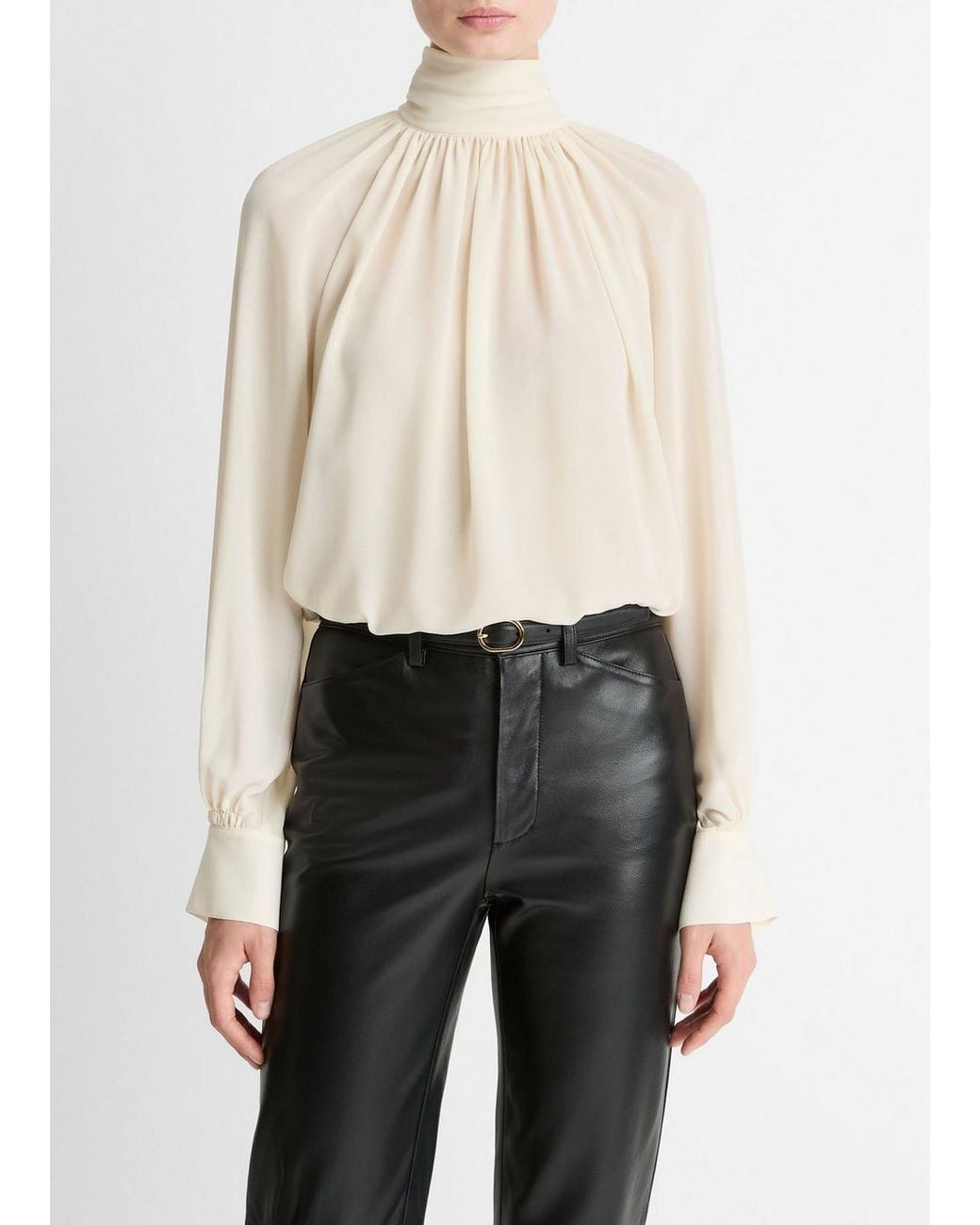 Vince White Gathered Draped-Neck Crepe Blouse