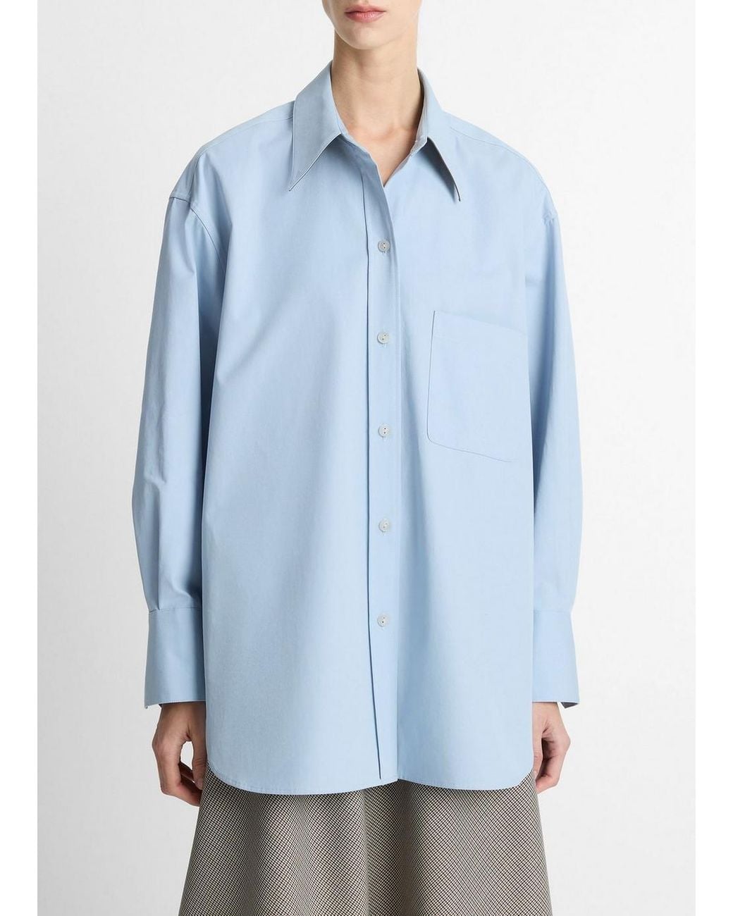 Vince Blue Faux-Leather-Trim Italian Cotton Oversized Button-Front Shirt