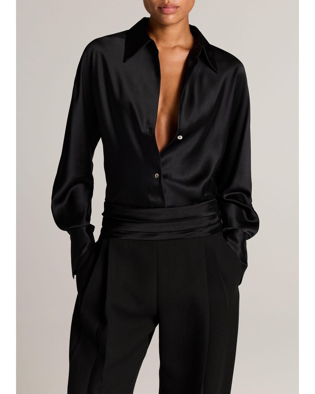Vince Black Silk Bias Long-Sleeve Blouse