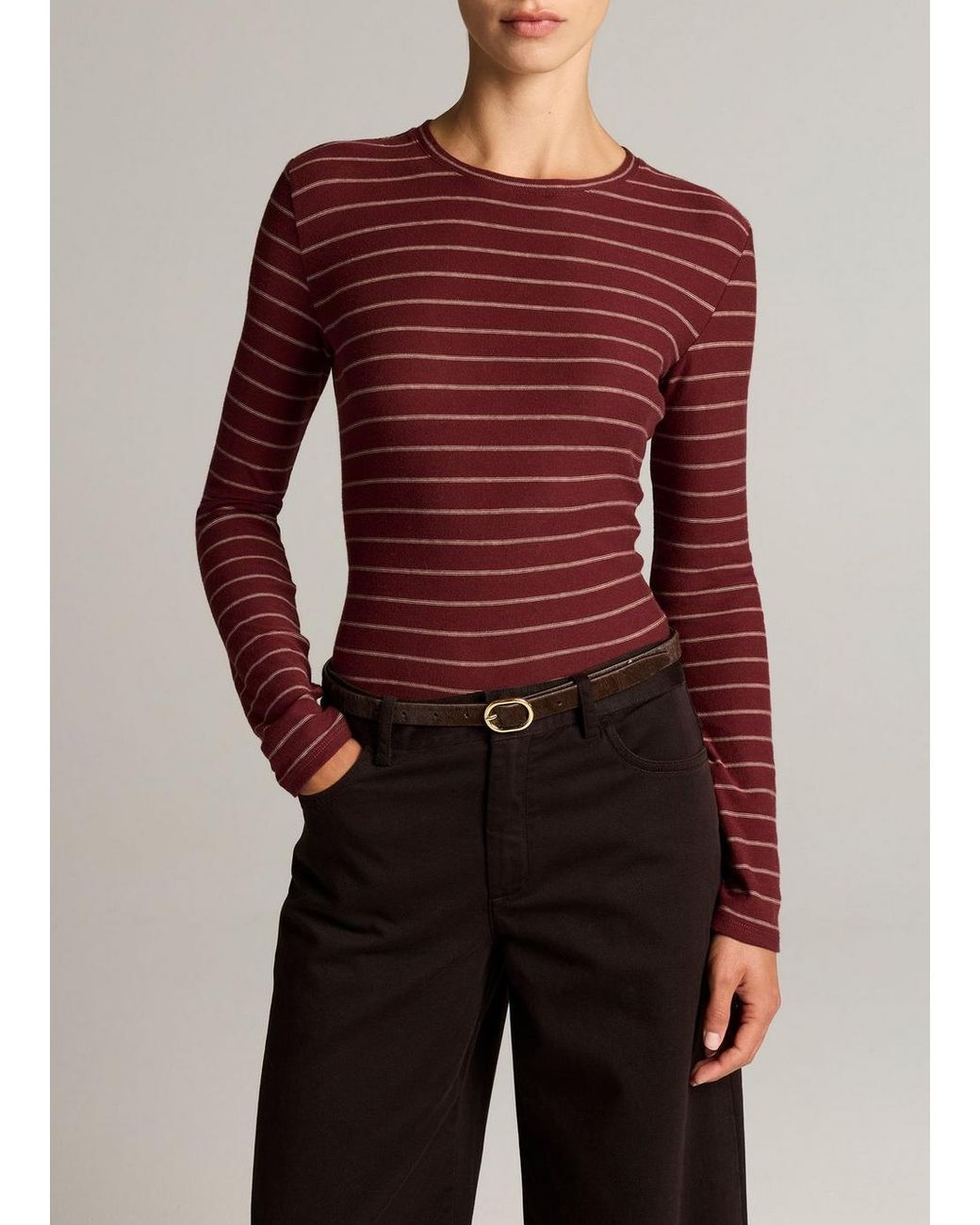 Vince Red Striped Long Sleeve Cotton Crewneck Top