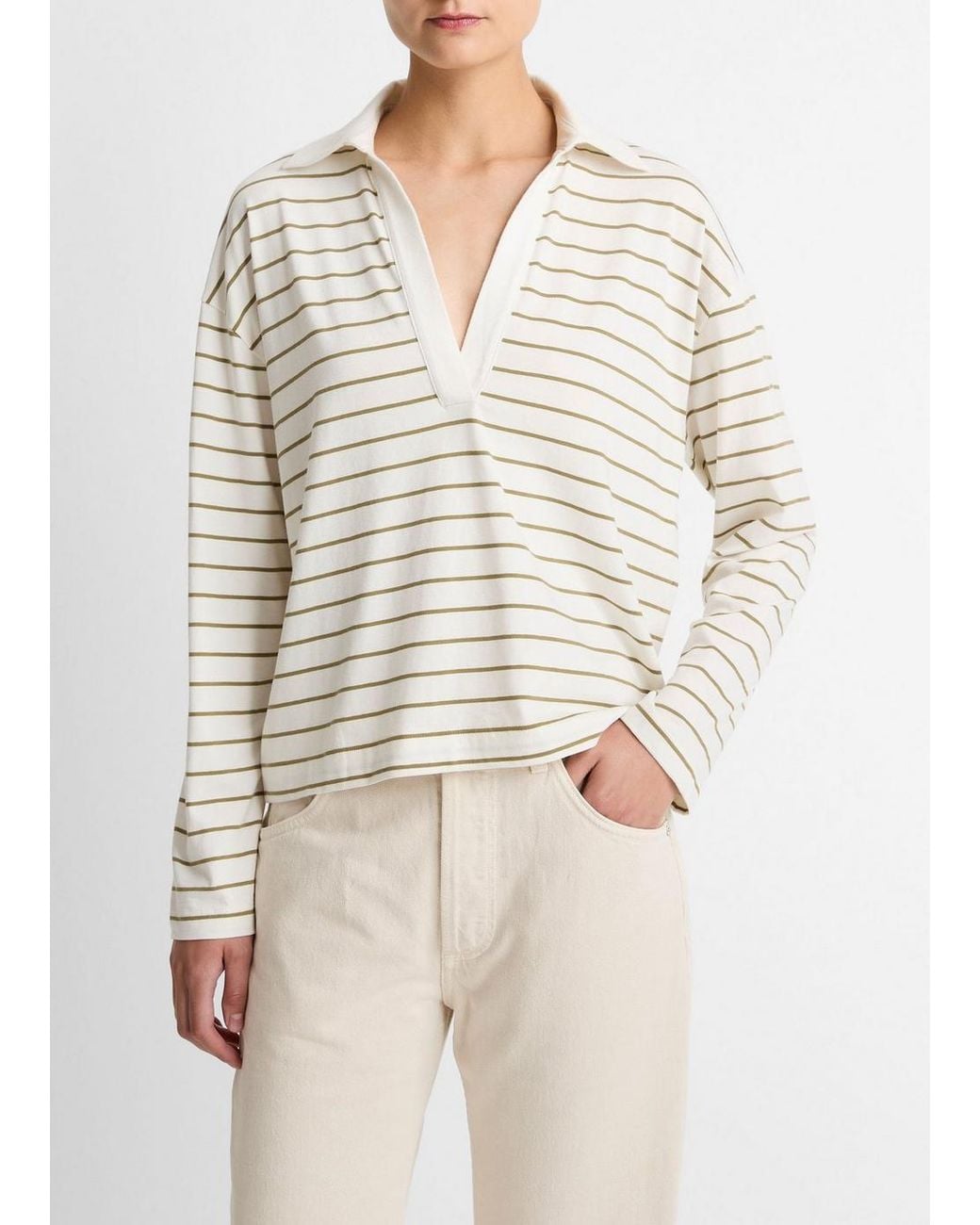 Vince White Striped Cotton Long-Sleeve Polo Shirt