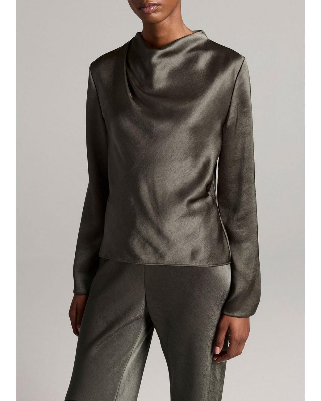 Vince Gray Satin Draped Cowl-Neck Long-Sleeve Top