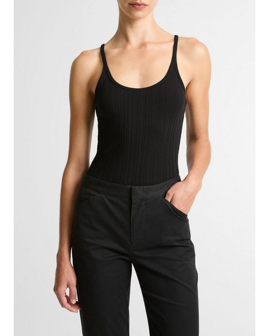 Vince Black Variegated-Rib Cotton-Blend Tank