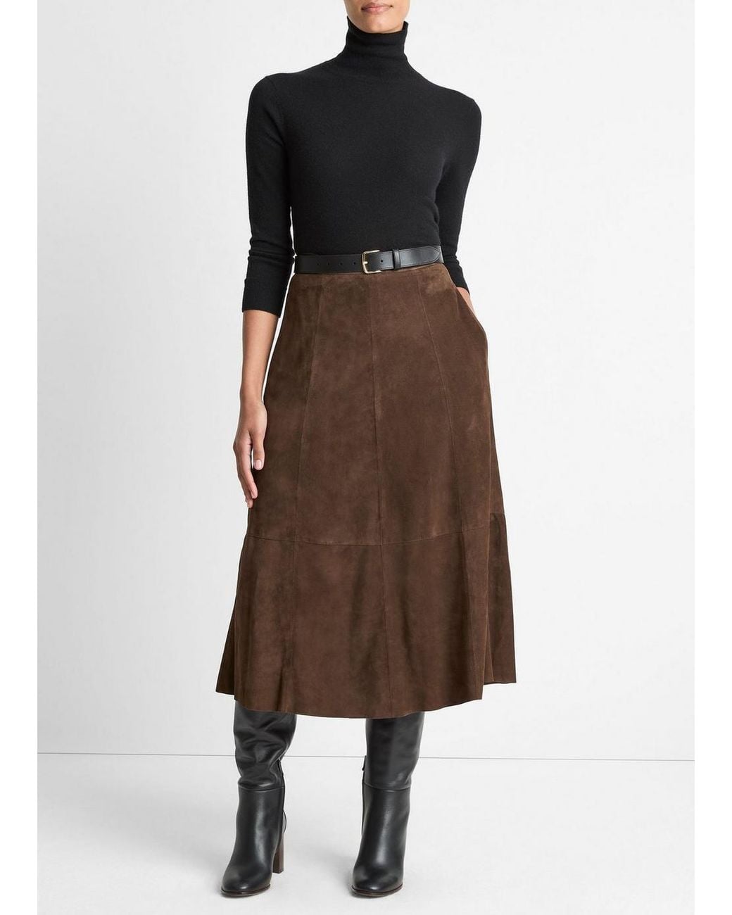 Vince Brown Suede Mid-Rise Flared Skirt