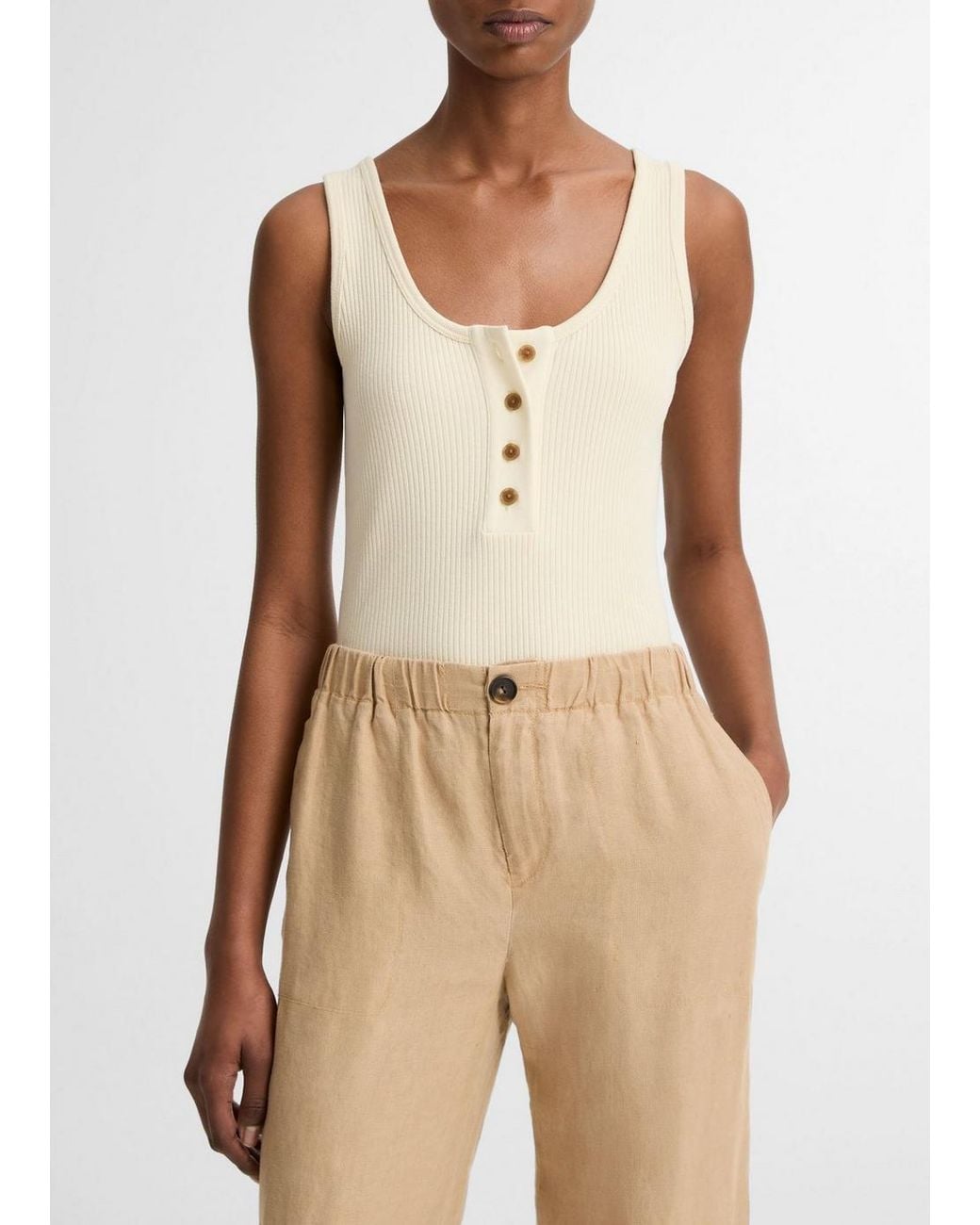 Vince Natural Ribbed Cotton-Blend Henley Tank