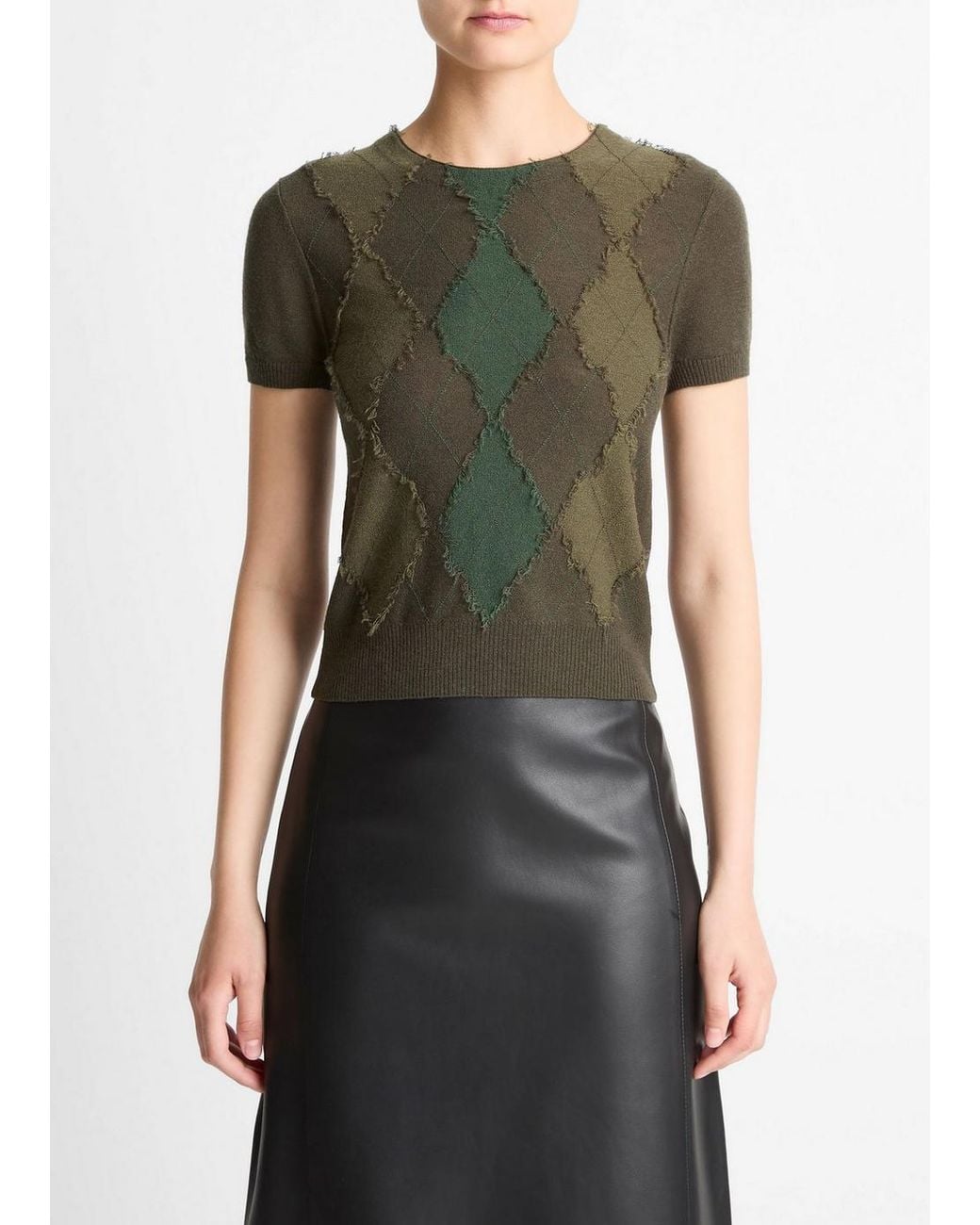 Vince Green Hand-Cut Argyle Wool-Blend Short-Sleeve Sweater