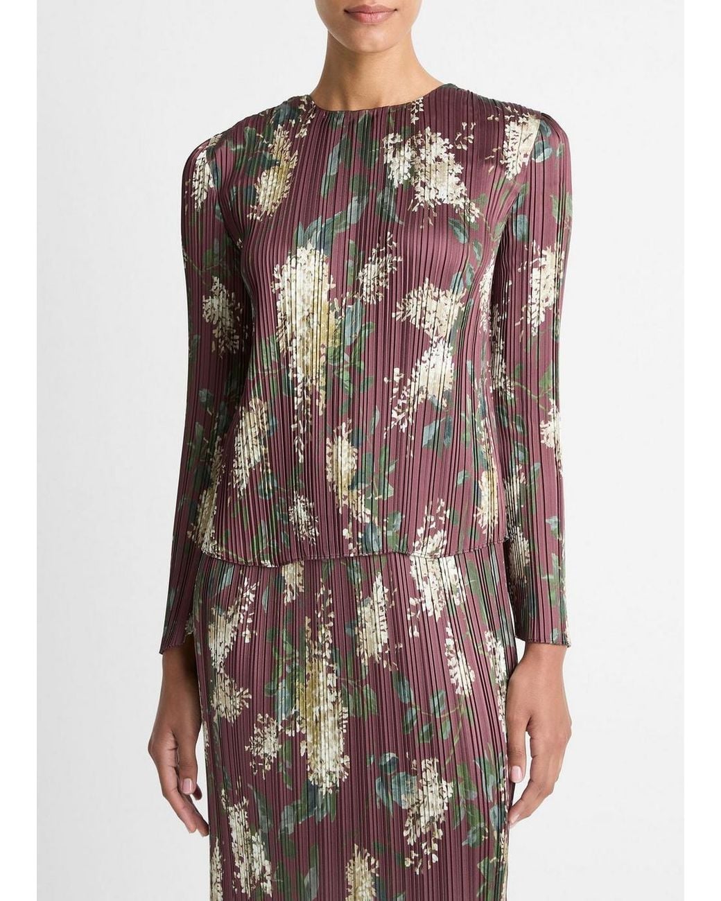 Vince Red Lilac-Print Micro-Pleated Satin Top