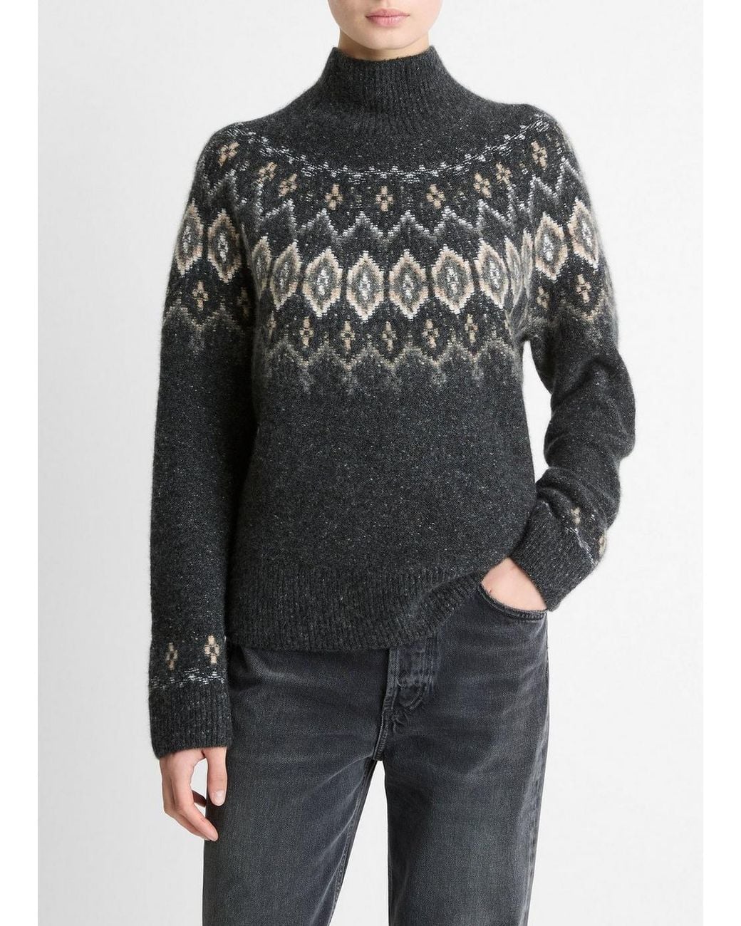 Vince Gray Fair Isle Donegal Cashmere Turtleneck Sweater