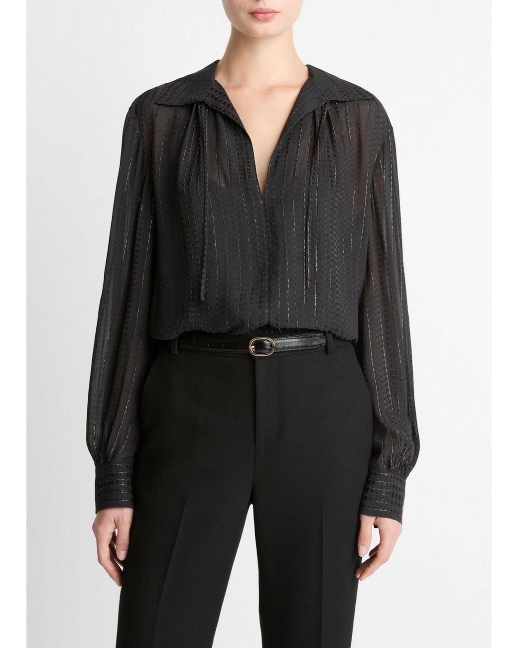 Vince Black Metallic-Stripe Gathered Blouse