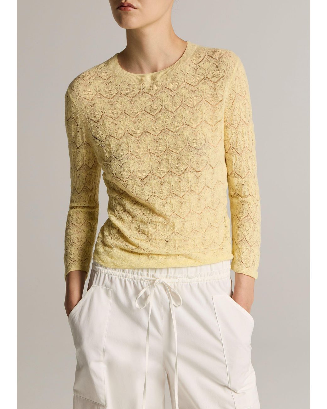Vince Natural Fine Lace Cotton Three-Quarter-Sleeve Crew Neck Sweater