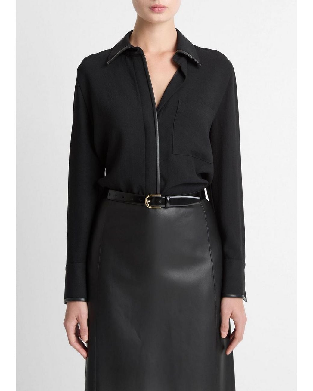 Vince Black Faux-Leather-Trim Crepe Button-Front Shirt