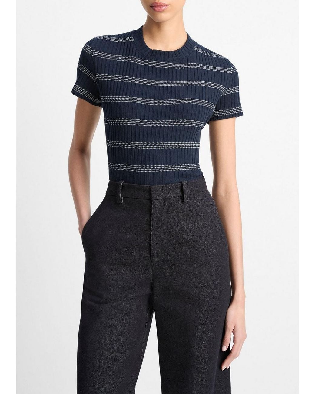 Vince Blue Striped Ribbed Cotton-Blend Top