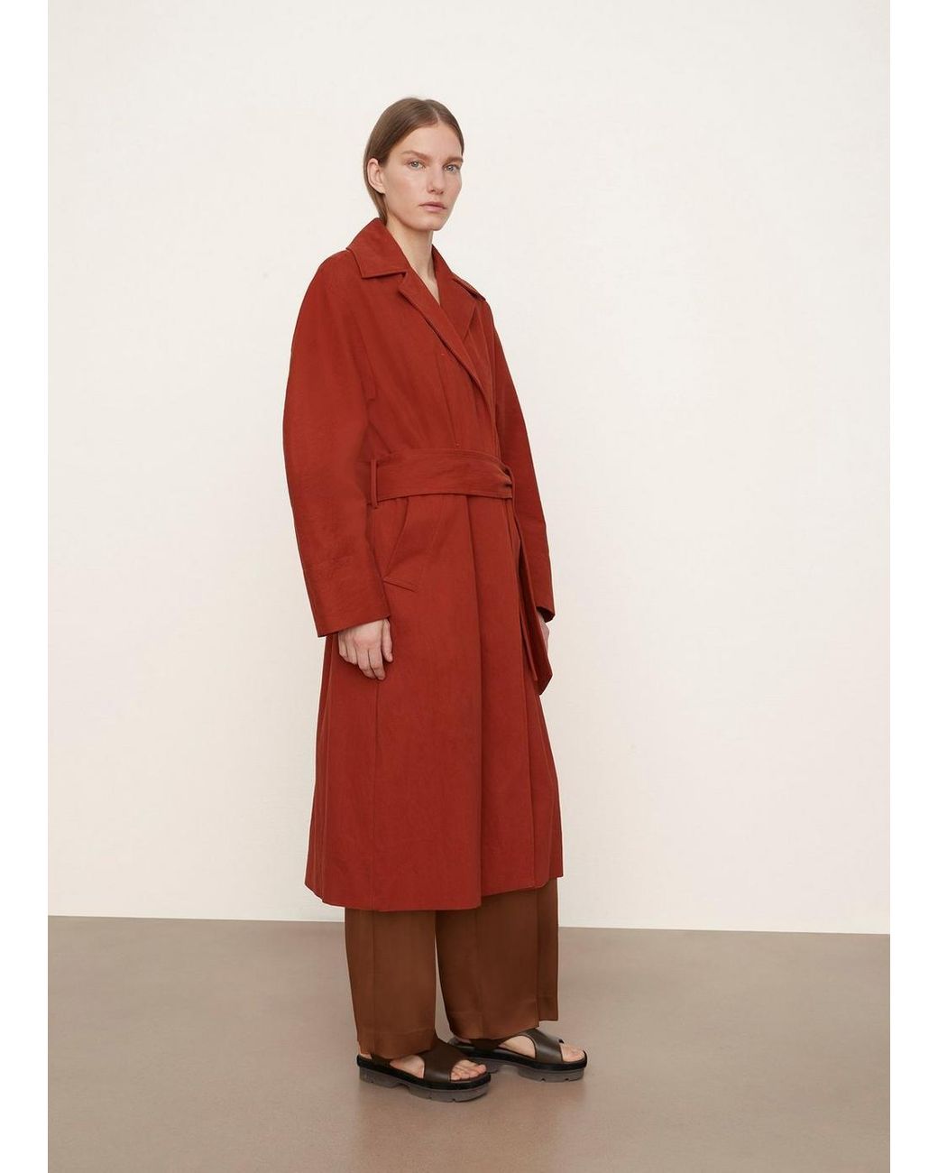 Vince Belted Long Coat in Red | Lyst
