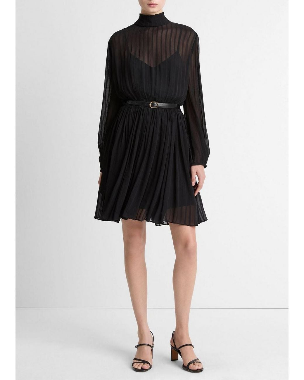 Vince Black Crinkle Stripe Mock-Neck Dress