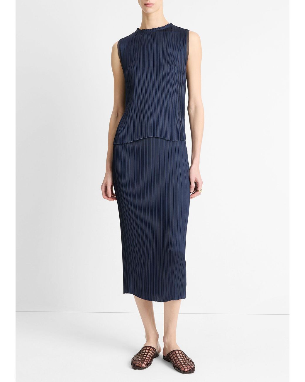 Vince Blue Pleated Satin Straight Pull-On Skirt
