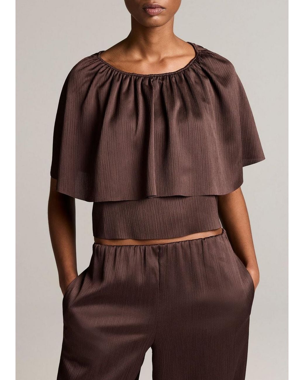 Vince Brown Convertible Plissé Cape Top