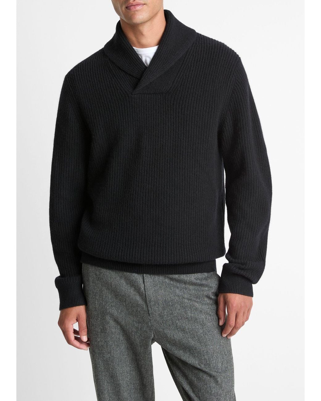 Vince Black Shaker Wool-Cashmere Shawl-Collar Sweater for men